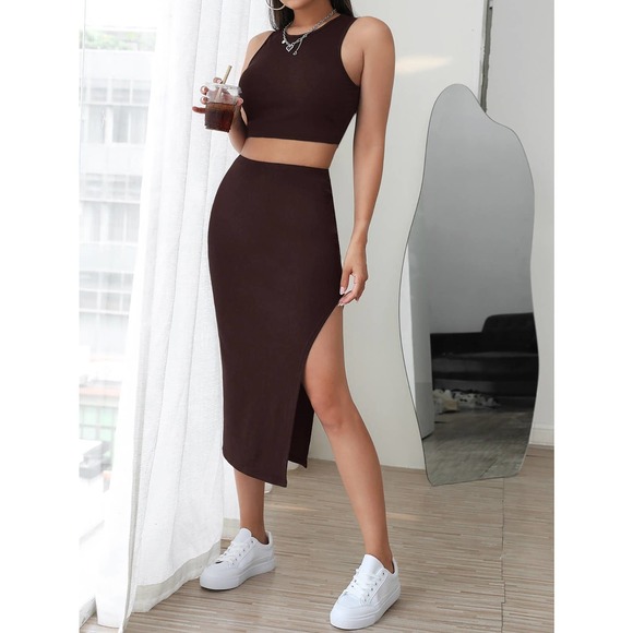 2 piece set: Tank crop Top & Split Thigh midi Skirt set black - Picture 7 of 7